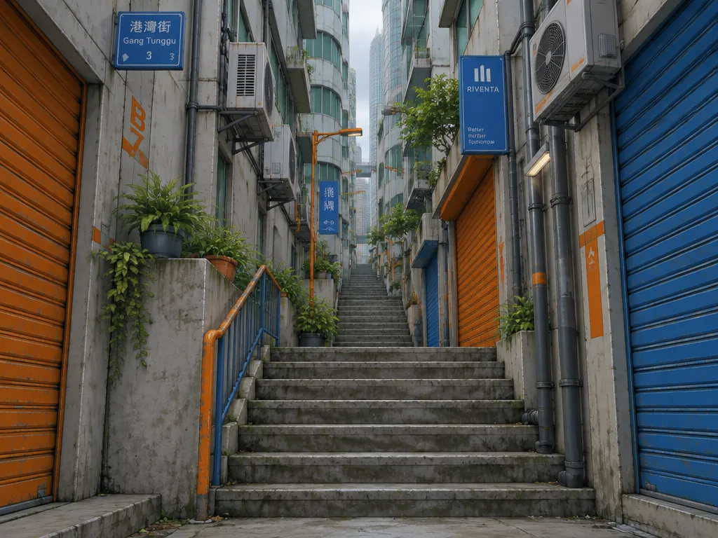 Gang Tunggu, lorong bertangga sempit di antara menara dengan rolling door oranye dan biru.