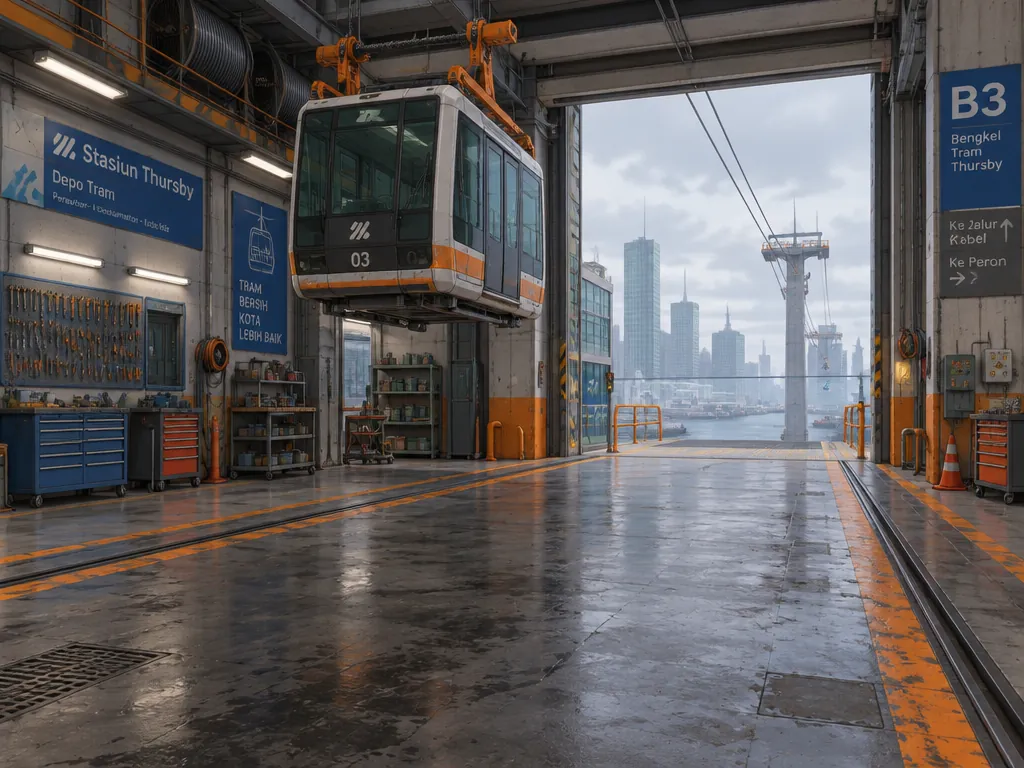 Bengkel depot trem Stasiun Thursby, satu kabin terangkat di katrol.