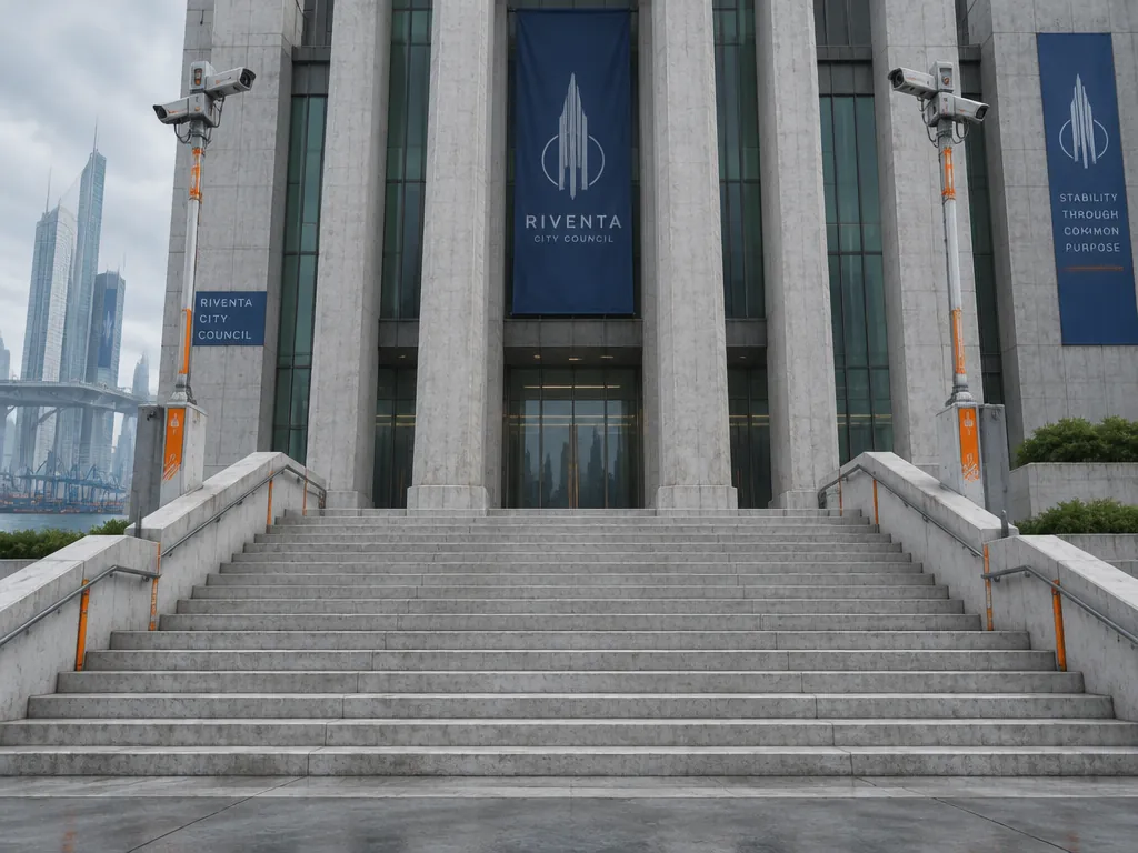 Tangga depan gedung Dewan Kota dengan tiang beton raksasa dan kamera di kedua sisi.