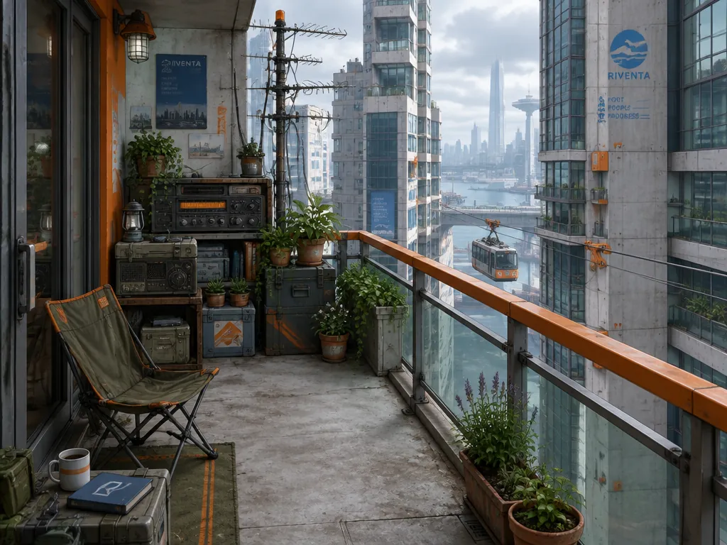 Balkon sempit penuh radio bekas dan tiang antena kawat.