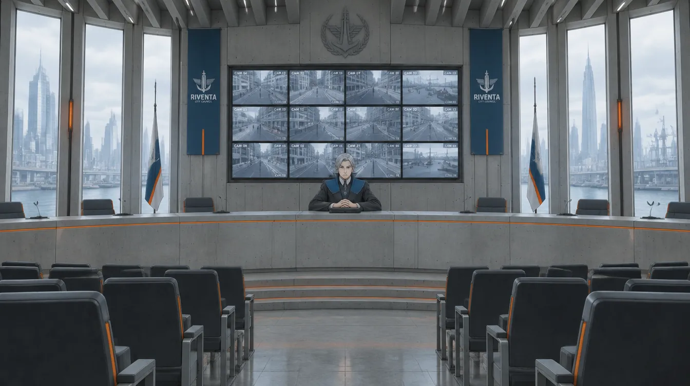 Ruang sidang Dewan Kota dengan magistrat duduk di tengah meja beton panjang.