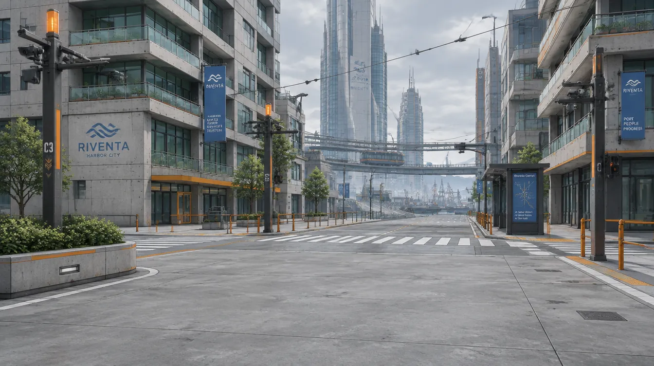 Persimpangan beton kosong di bawah tiga tiang kamera, Marit, Dariel dan Tullie berjalan berjarak di atas zebra cross.